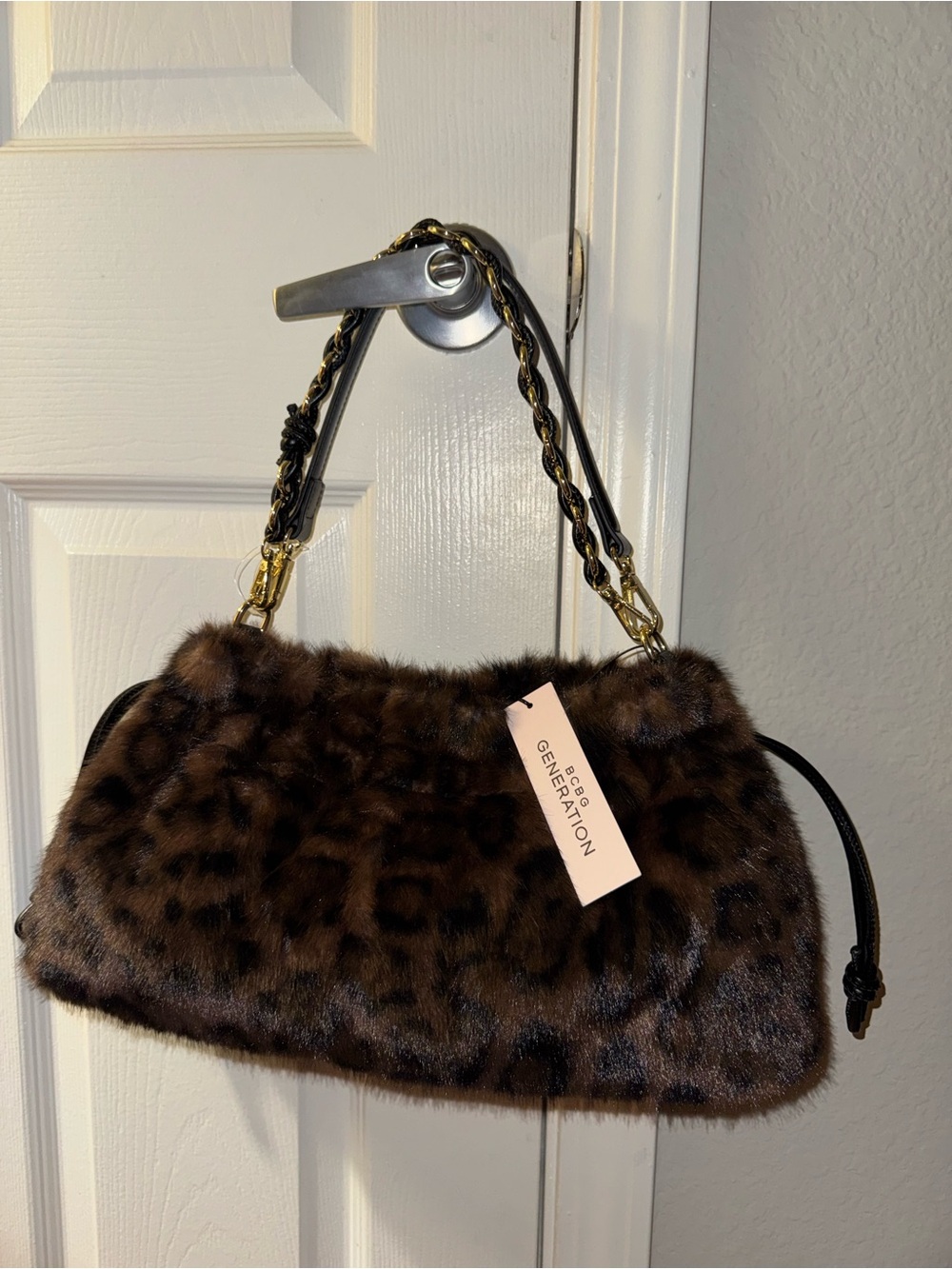 BCBG Generation Leopard Print Faux Fur Shoulder Bag New with Tags